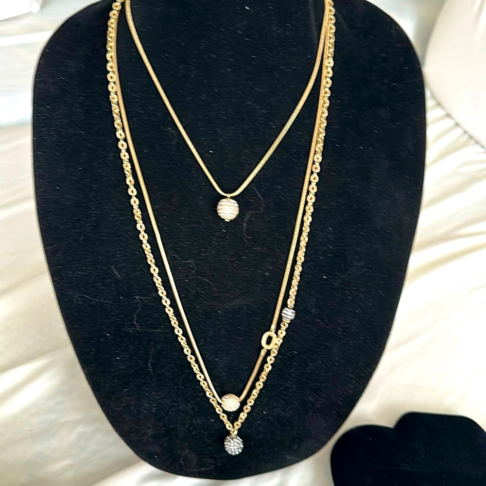 Chicos three strand pave crystal balls goldtone chain adjustable necklace